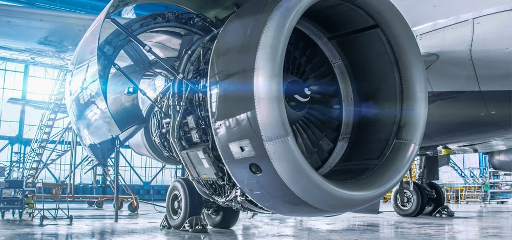 Exposed jet engine to view aerospace parts
